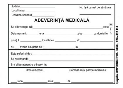 Aadeverinta medicala a6 100 file carnet